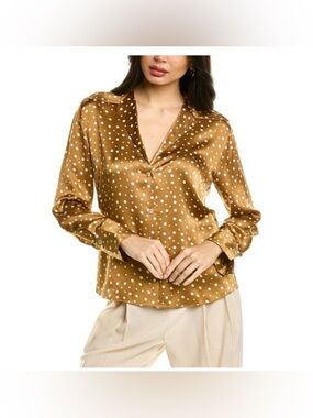 Vince 100% Silk Polka Dot Blouse 2X Brown White Button Front Luxe Minimalist Top